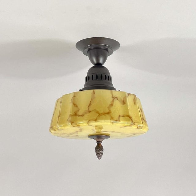 Art Deco Flush Mount in Marbled Opaline Glass & Burnished Metal, Germany, 1920s For Sale - Image 3 of 18