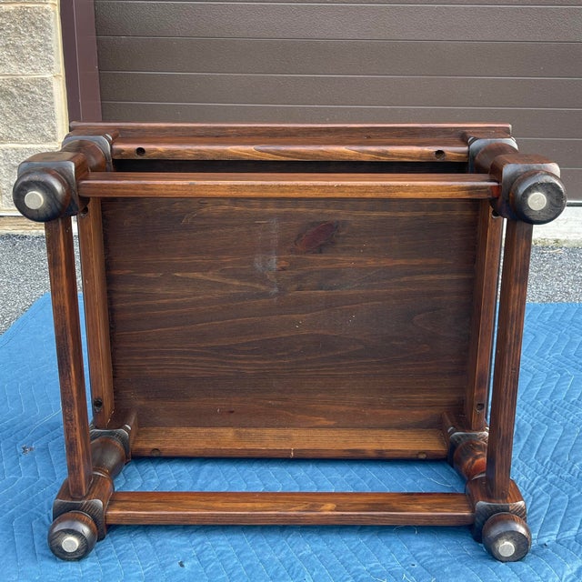 Vintage Ethan Allen Old Tavern Antiqued Pine Ottoman With Red Plaid Cushion For Sale - Image 11 of 11