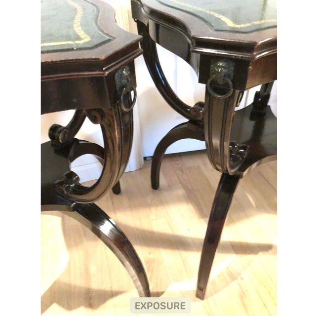 Bottle Green Vintage 1900’s-1940’S Mahogany Green Top Brass Gold Embossed End Tables - a Pair For Sale - Image 8 of 13