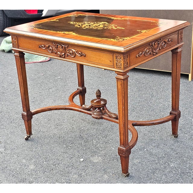 Wood 19th Century Louis XVI Style Kingwood & Walnut Marquetry Stretcher Center Table For Sale - Image 7 of 11