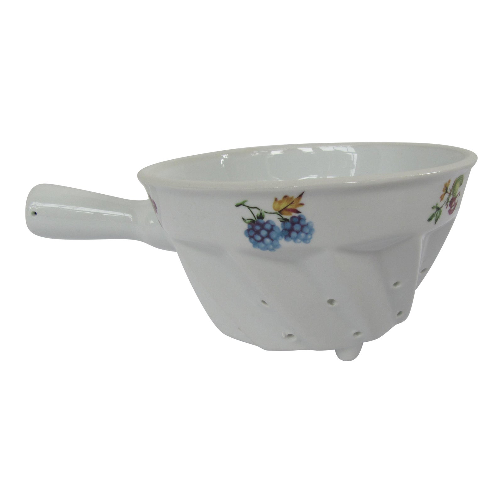 Vintage English White Porcelain Colander With a Handle and Fruit Design