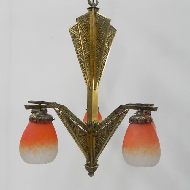1930s Art Deco Brass Hanging Lamp with Pates De Verre Shades, 1930s For Sale - Image 5 of 18