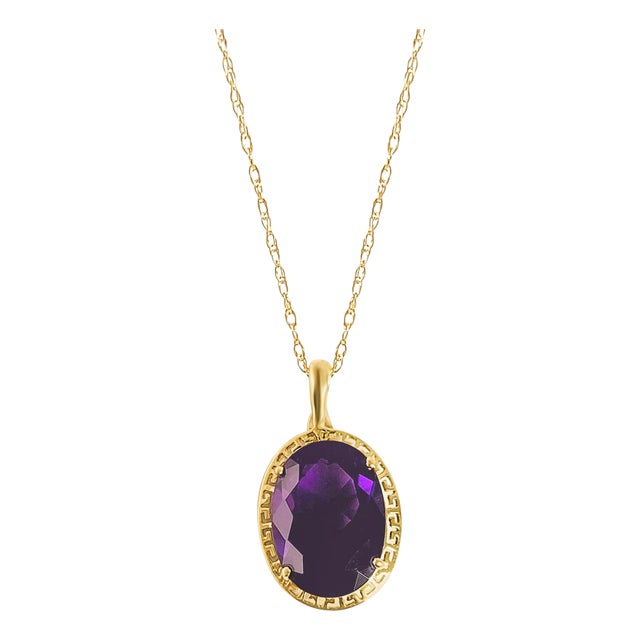 Large Oval Amethyst Necklace with Greek Key Bezel 16" For Sale