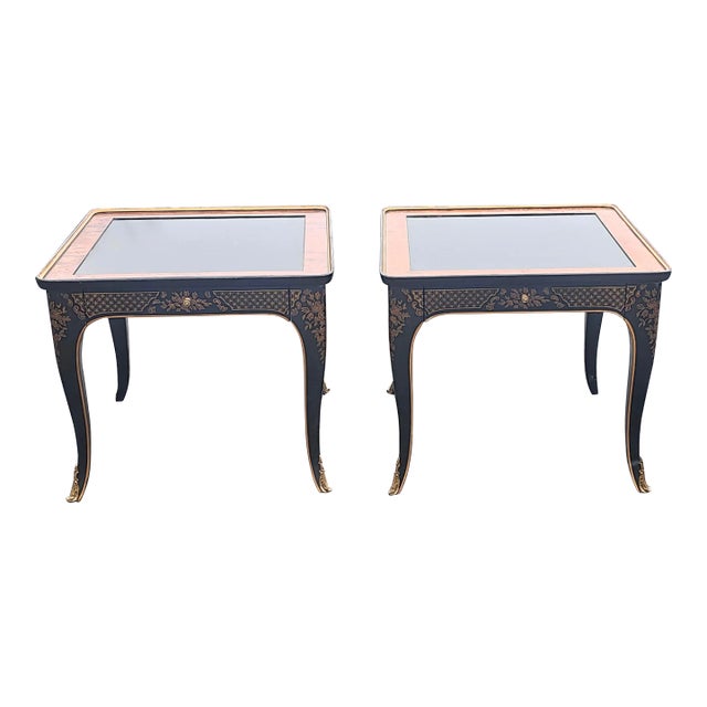Drexel Heritage Et Cetera Collection Chinoiserie Black & Burl & Ormolu End Tables - Set of 2 For Sale