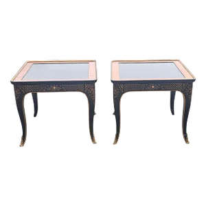 Drexel Heritage Et Cetera Collection Chinoiserie Black & Burl & Ormolu End Tables - Set of 2