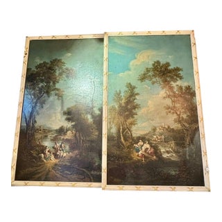 Pair of Large Scale Italian Oil on Canvas River Scenes For Sale
