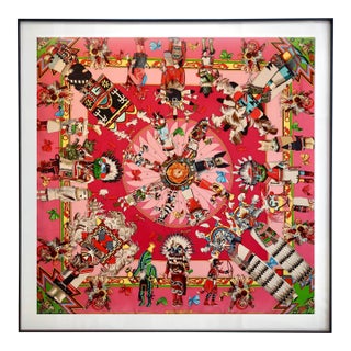 Framed Hermès Silk Scarf "Kachinas" by Kermit Oliver, 1992 For Sale