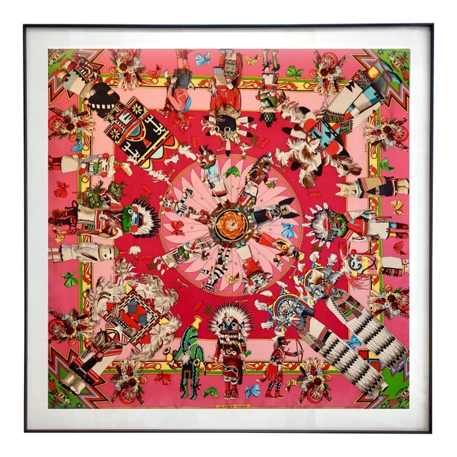 Framed Hermès Silk Scarf "Kachinas" by Kermit Oliver, 1992 For Sale