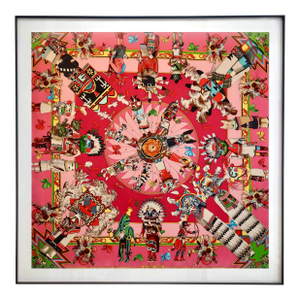 Framed Hermès Silk Scarf "Kachinas" by Kermit Oliver, 1992