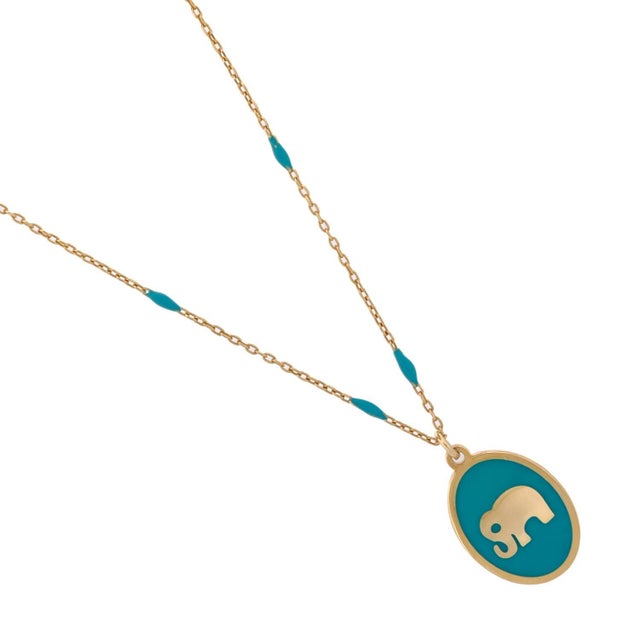 Metal Powerful Lucky Elephant Gold & Turquoise Chain Necklace For Sale - Image 7 of 8