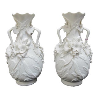 White Parian Bisque Porcelain Raised Wheat & Grape Pattern Handled Vase Pair For Sale