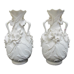 White Parian Bisque Porcelain Raised Wheat & Grape Pattern Handled Vase Pair