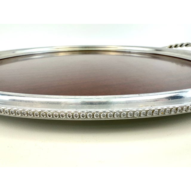 Vintage Large Round Mahogany & Silverplate Serving Tray With Twisted Handles For Sale - Image 4 of 11
