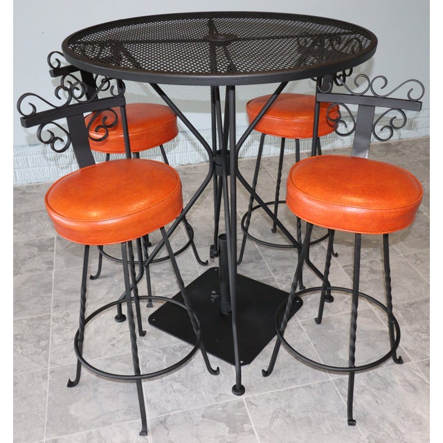 Vintage Spanish Revival Wrought Iron Swivel Bar Stool Set With Matching Mesh Bar Table & Heavy Umbrella Stand – Mid-Century, Orange Vinyl For Sale - Image 10 of 12