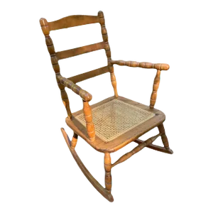 Late 19th Century Antique Turned Wood Ladder Back Open Arm Rocking Chair With Caned Seat