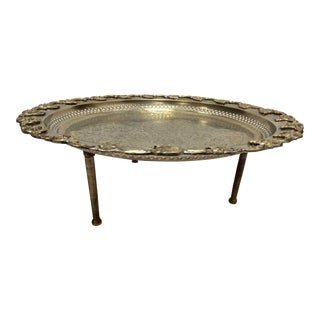 Moroccan Polished Round Footed Silvered Tray With Brass Overlay For Sale