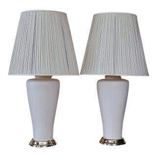 Pair of Vintage White Ceramic Urn Form Table Lamps With Gold Bases and Pleated Shades For Sale