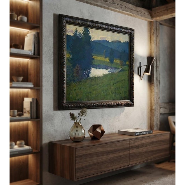 Forest Green Bahndorf Heribert, Lakeside Landscape, 1930, Oil Painting on Cardboard, Framed For Sale - Image 8 of 18