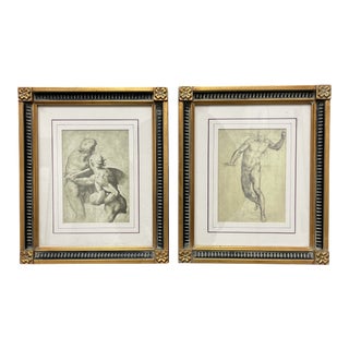 Late 20th Century Custom Gold Gilt Framed Figure Drawings - a Pair For Sale
