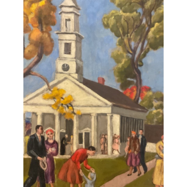 The American School Oil on Canvas of a New England Church by Dorothy Eaton Dated 1956 For Sale - Image 3 of 6