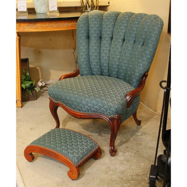 Traditional Late 20th Century Green Channelback Chair W/Footstool - Set For Sale - Image 3 of 4