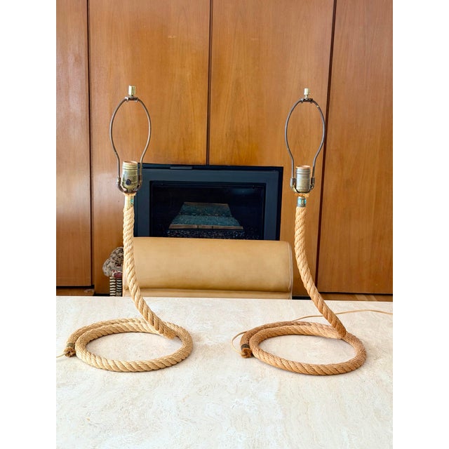 Brown 1970s Audoux Minet Sculptural Twisted Rope Table Lamps - A Pair For Sale - Image 8 of 16