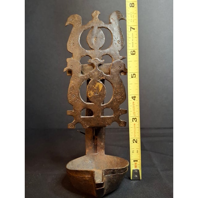 Rare 18th C Wrought Iron Double Crusie Phoebe Grease Lamp Bird Motif Folk Art For Sale - Image 17 of 18