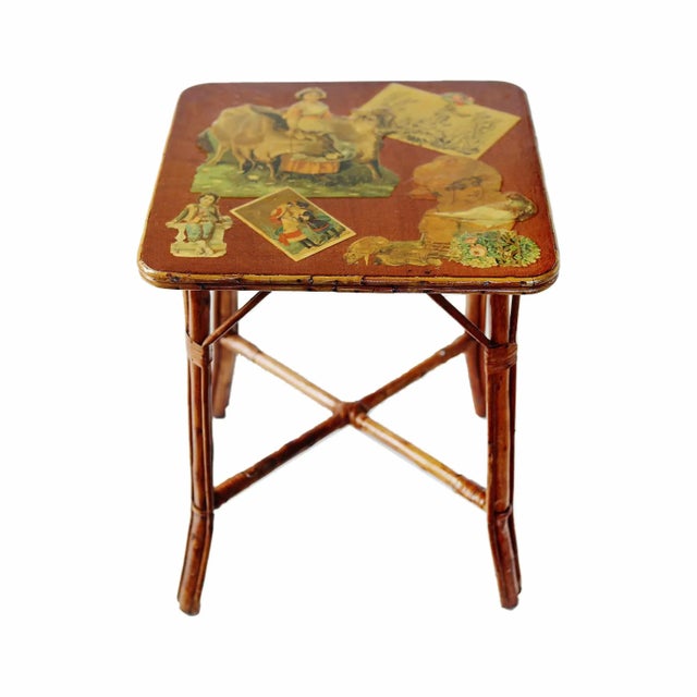 Mid 20th Century Vintage Bamboo Side Table With Decoupage Top For Sale - Image 5 of 6