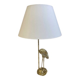 Vintage Hollywood Regency Brass Crane & Faux Bamboo Table Lamp For Sale