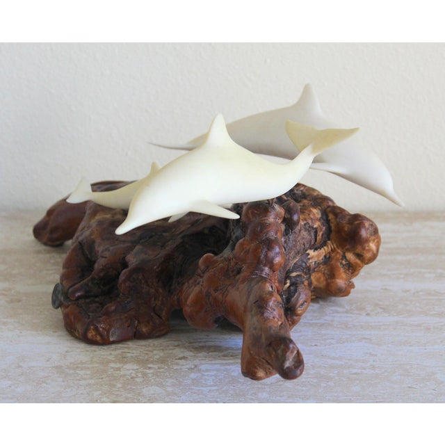 Mid-Century Modern Vintage John Perry Dolphin Pod Sculpture on Natural Burlwood Base – 14" For Sale - Image 3 of 12