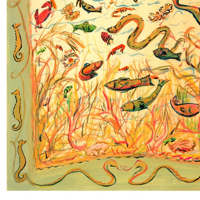 A seascape abounds with colorful fish, swaying seaweed, clamshells harboring pearls, and a dancing crab as elegant swans...