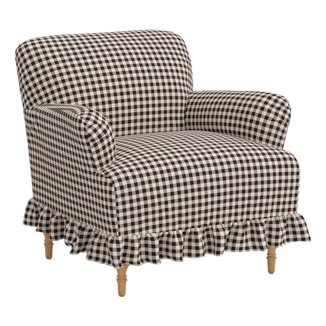 Elle Ruffle Slipcover Armchair in Classic Gingham Chocolate Ctl For Sale