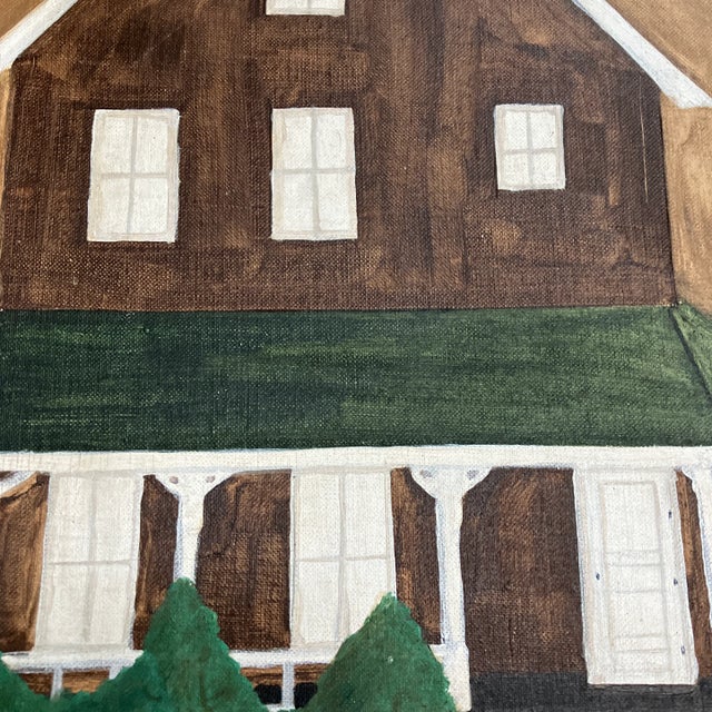 1970’s Original Primitive Folk Art Painting House & Garden Vintage Oak Frame For Sale - Image 4 of 5