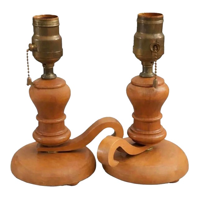 1950s Sculpted Maple Table Lamps With Original Brass Pull Chains, Pair For Sale