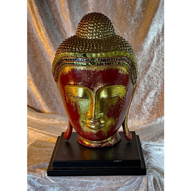 Antique Red Lacquer & Gilt Buddha Head Sculpture on Stand, Japan, Early 20th Century For Sale - Image 6 of 7