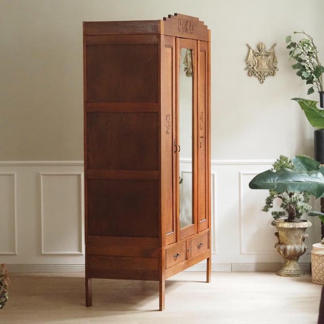 Art Nouveau Oak Wardrobe with Mirror, 1920s For Sale - Image 4 of 18