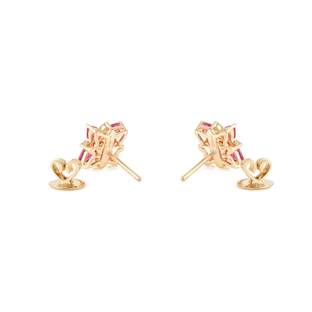 Metal 14k Yellow Gold Ruby Diamond Floral Art Deco Stud Earrings- A Pair For Sale - Image 7 of 14
