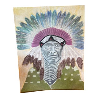 Original Folk Art Pastel Drawing of an Indian Chief For Sale