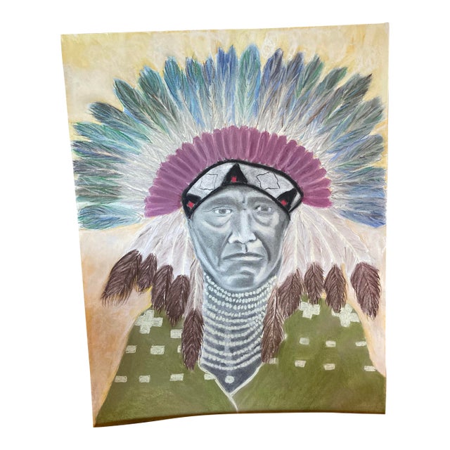 Original Folk Art Pastel Drawing of an Indian Chief For Sale