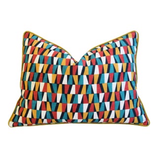 Designers Geometric Teal/Red/White/Gold Feather/Down Pillow 24" X 18" For Sale