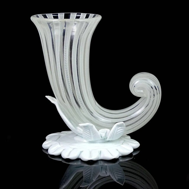 Beautiful and rare, vintage Murano hand blown white with ribbons Italian art glass cornucopia flower vase. Documented...