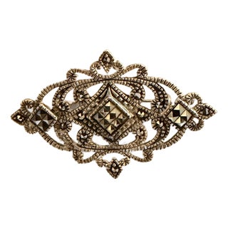 Vintage Art Deco Marcasite Brooch, Crafted From 925 Sterling Silver. Classic Diamond-Shaped, Openwork Filigree Design For Sale