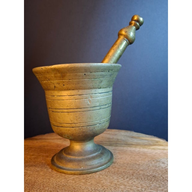 Rustic European 18th Century Heavy Cast Brass Lathe-Turned Mortar and Pestle For Sale - Image 3 of 15
