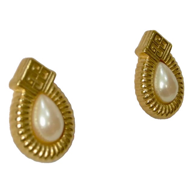 1980s Givenchy Carved Gold Plated Framed Glass Pearl Earrings, 2 Pieces For Sale