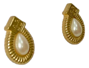 1980s Givenchy Carved Gold Plated Framed Glass Pearl Earrings, 2 Pieces