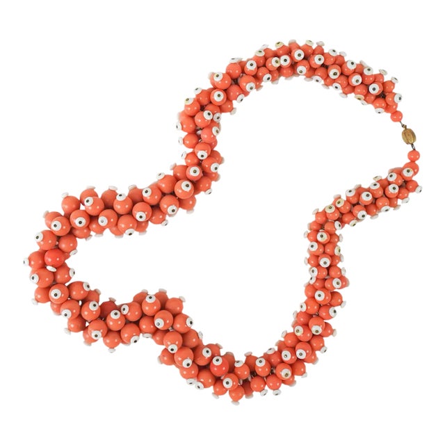 Vintage Handmade Salmon & White Beaded Statement Necklace For Sale