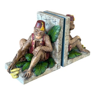 Vintage Cast Resin Monkey Bookends With Bananas and Fez Hats – Pair For Sale