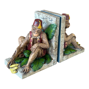 Vintage Cast Resin Monkey Bookends With Bananas and Fez Hats – Pair