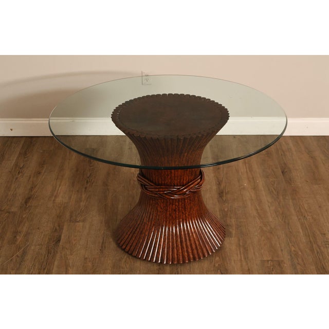 High Quality Vintage Faux Tortoise Shell Painted Rattan Pedestal Dining Table with Round Glass Top, by Ficks Reed (Not...
