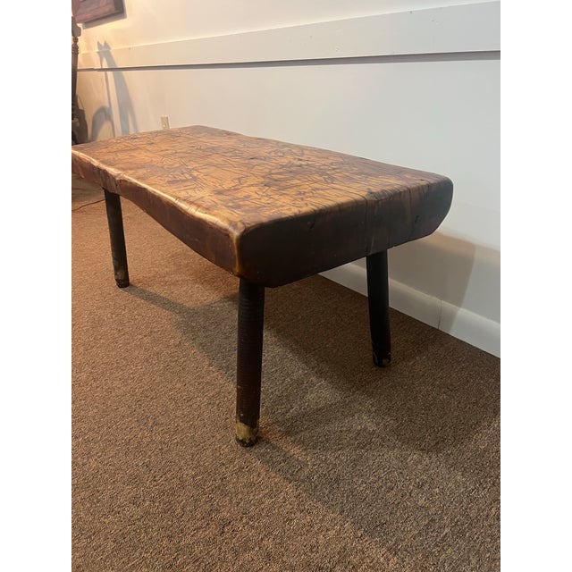 Antique Early American Rustic Bench With Splayed Turned Splayed Legs and Thick Cut Seat For Sale - Image 9 of 12